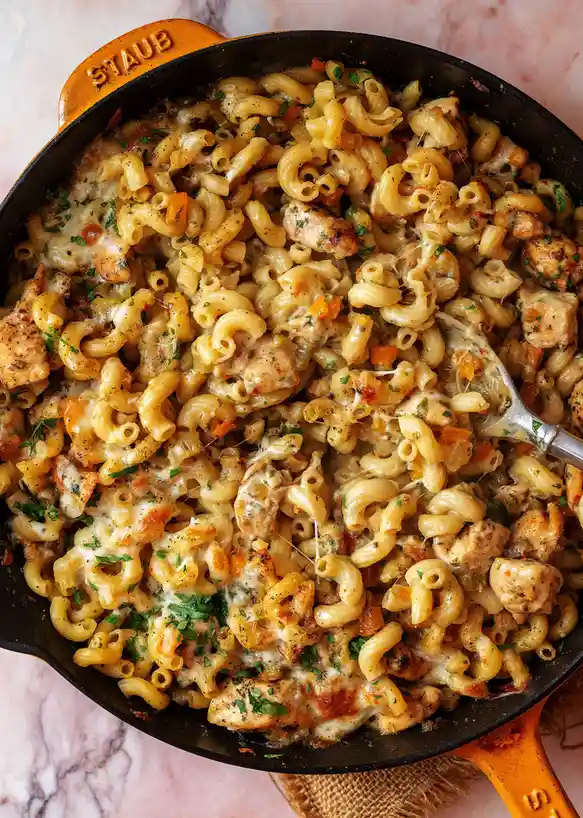 A close-up photo shows a golden-brown, cheesy macaroni and chicken dish in an orange-handled Staub cast iron skillet…