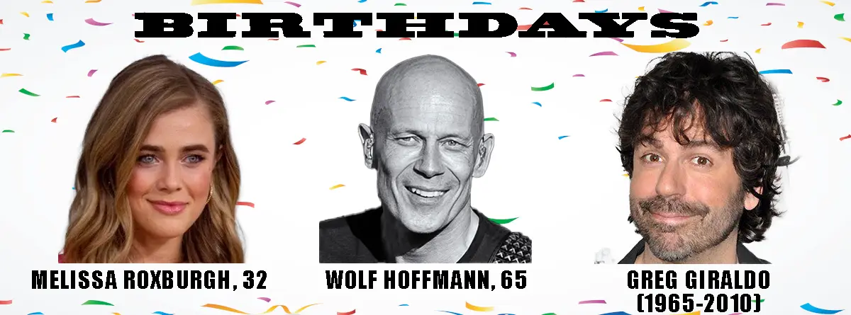 The image displays three headshots against a white background with colorful confetti. The top text reads 'BIRTHDAYS'. Below…