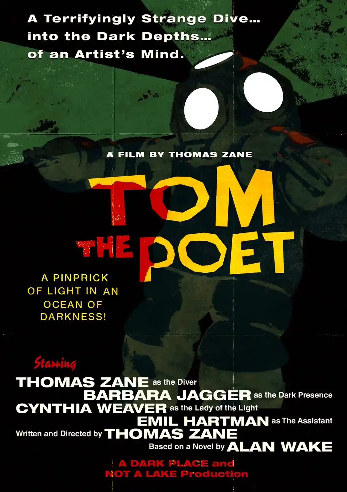 This image is a parody movie poster for 'Tom the Poet,' featuring a diver in a dark, green-tinted underwater scene. The…