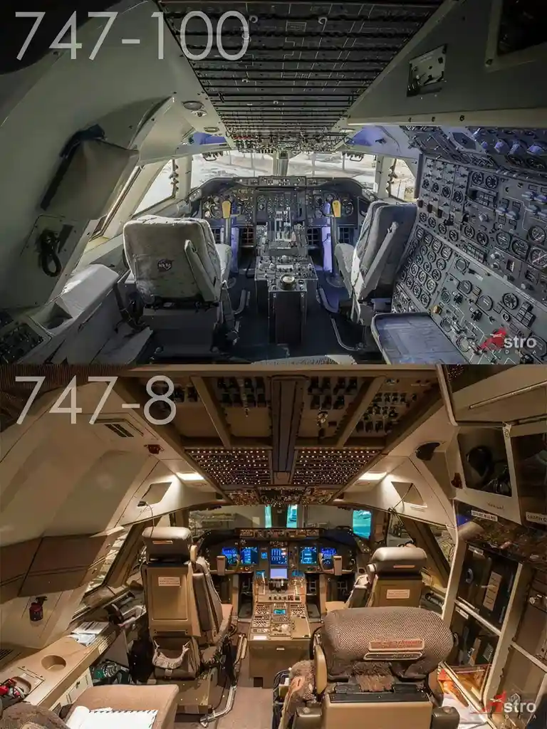 The image displays two side-by-side photos of Boeing 747 cockpit interiors. The top photo, labeled '747-100', shows a…
