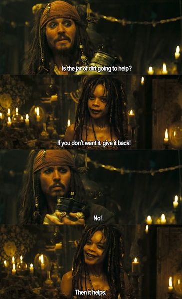 A four-panel meme from the movie 'Pirates of the Caribbean' featuring Captain Jack Sparrow and a young girl. In the first…