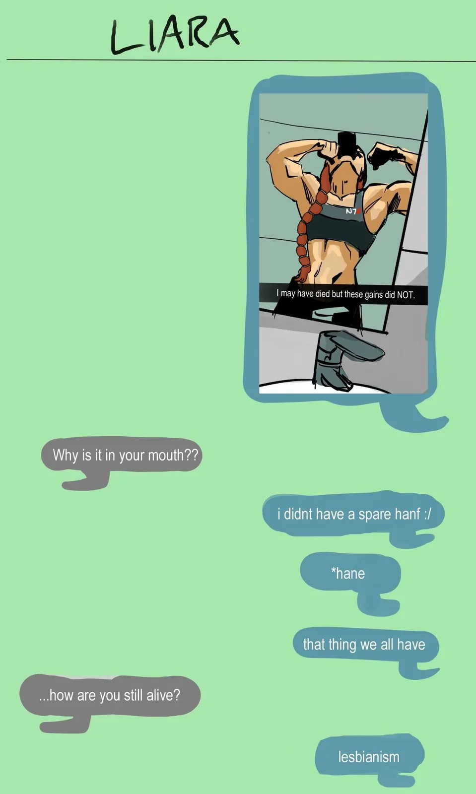 A comic-style image shows a muscular woman with a long braid, wearing an N7 tank top, flexing in front of a mirror. The text…