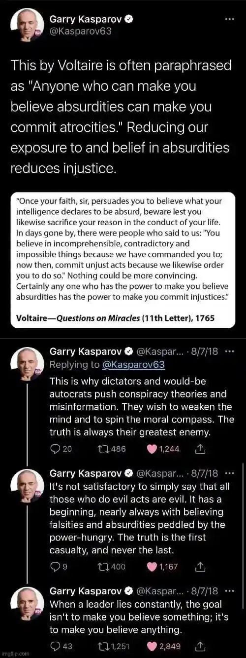 A screenshot of a Twitter thread by Garry Kasparov showing a quote attributed to Voltaire about belief in absurdities…