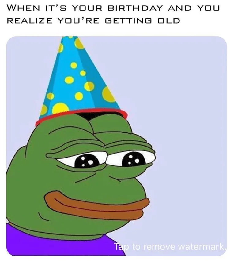 The image shows the cartoon frog Pepe the Frog wearing a blue party hat with yellow polka dots, looking sad and weary. The…