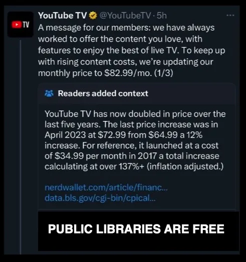 A screenshot of a YouTube TV tweet announcing a price increase to $82.99/month, overlaid with a bold black banner at the…