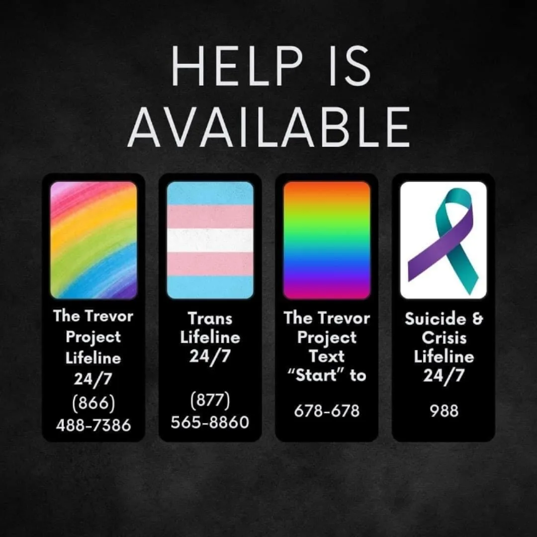 A black background displays the text 'HELP IS AVAILABLE' above four vertical phone icons. Each icon shows a different LGBTQ+…