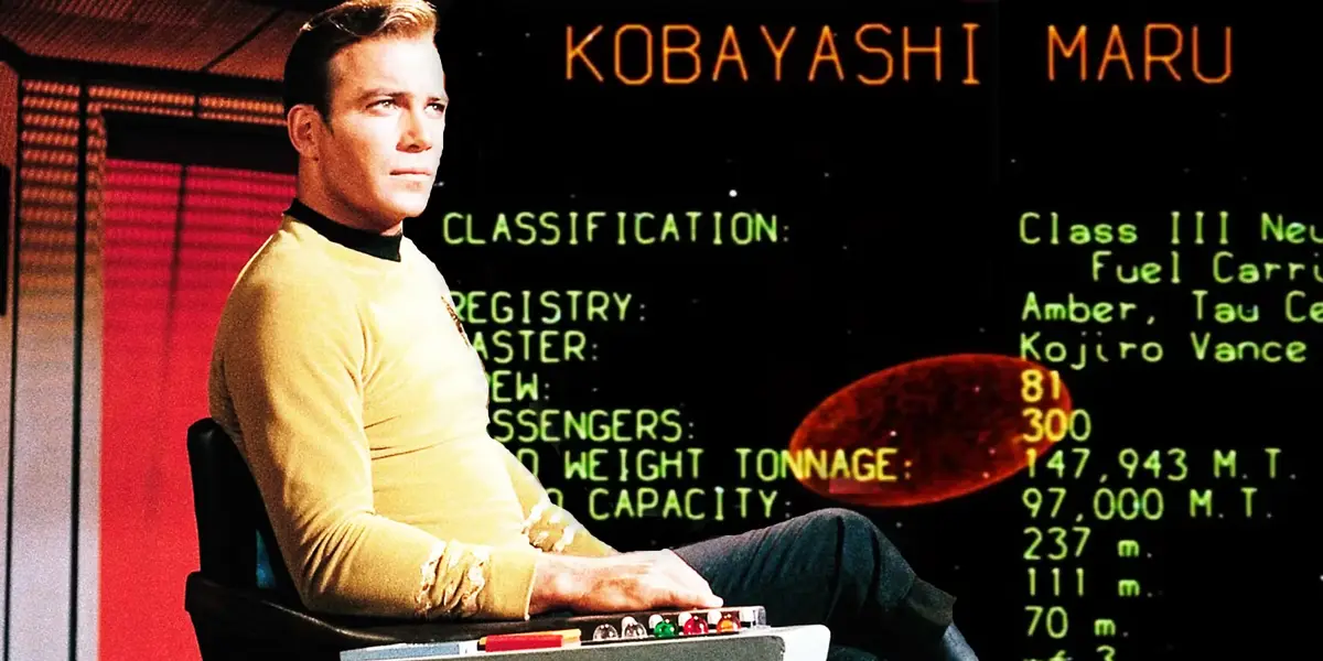 A man in a yellow Starfleet uniform sits at a console, looking resolute, with a screen behind him displaying 'KOBAYASHI…