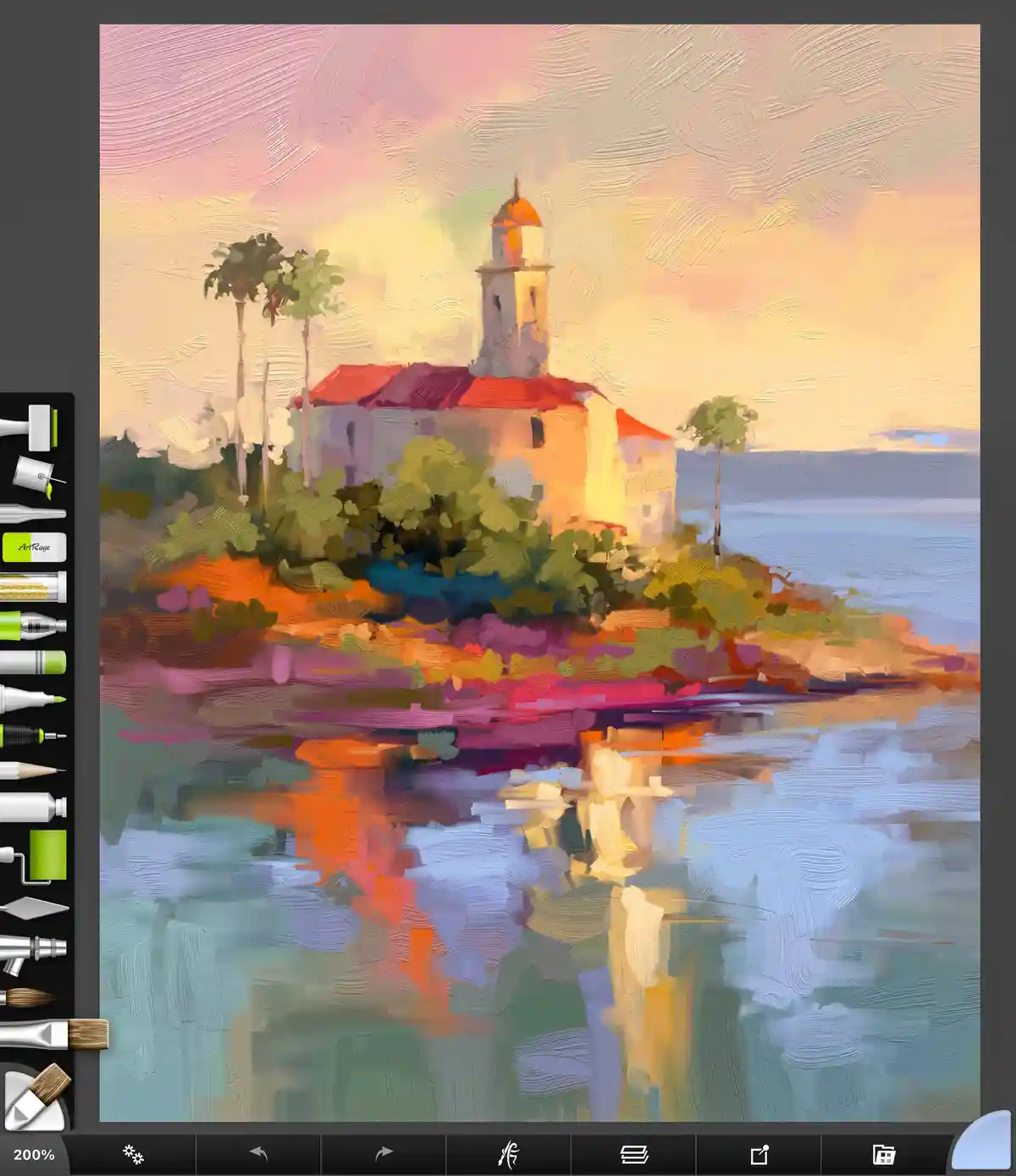 A digital painting of a coastal scene with a church on a cliff, rendered in a textured, impressionistic style with visible…