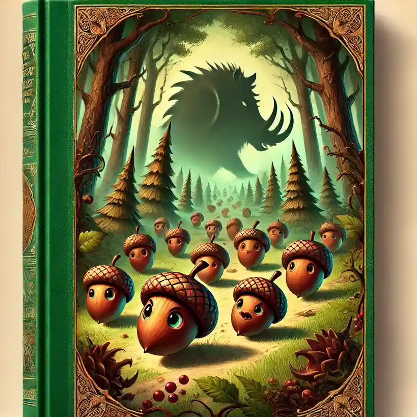 An illustrated fantasy book cover depicts a group of anthropomorphic acorns with large eyes running in panic down a forest…