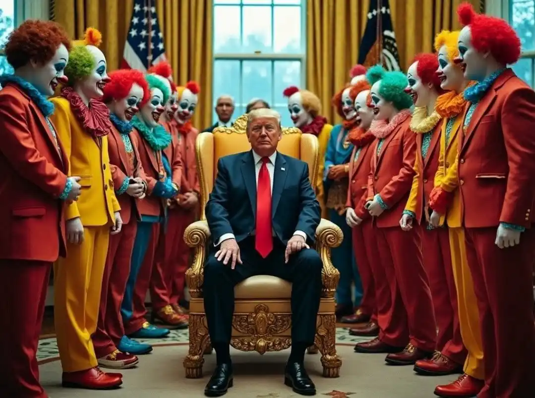 a man in a dark suit and red tie sits in a golden presidential chair, surrounded by numerous clowns in colorful suits and…