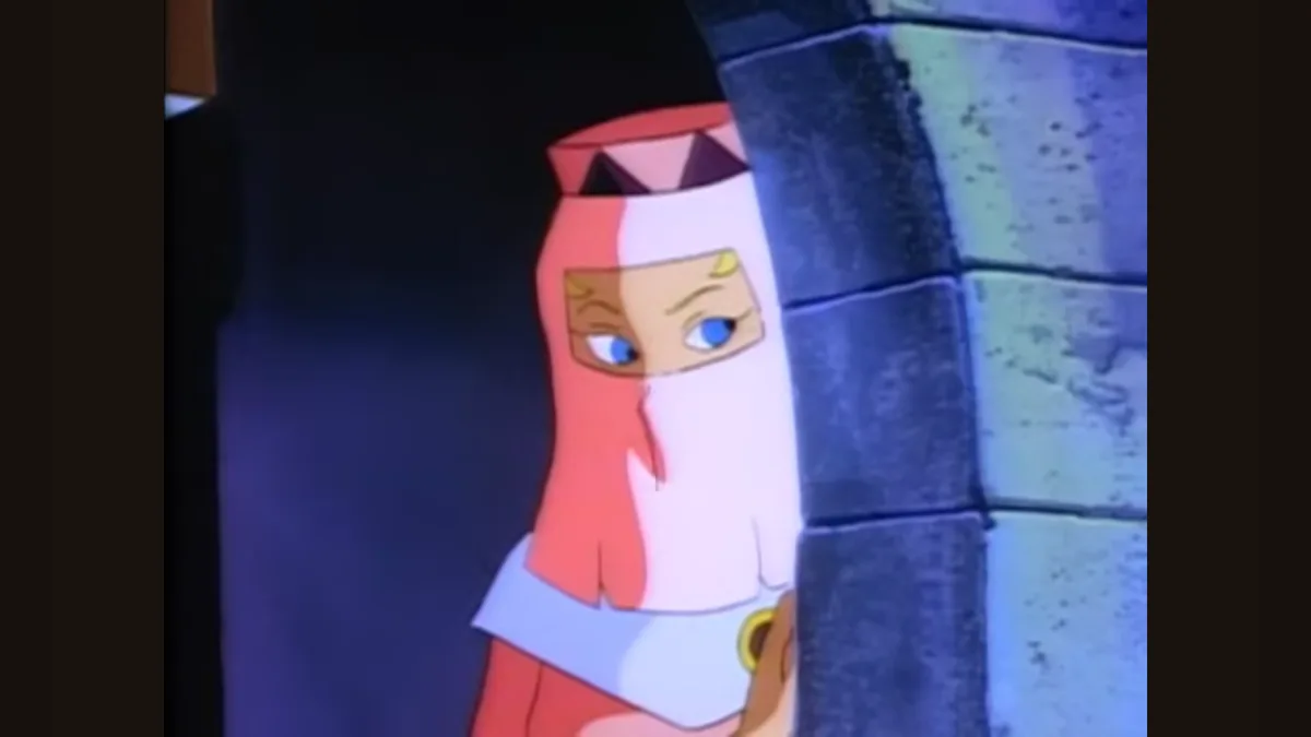An animated character with a split face—one side tan with blue eyes, the other side red with a red hat—is peeking from…