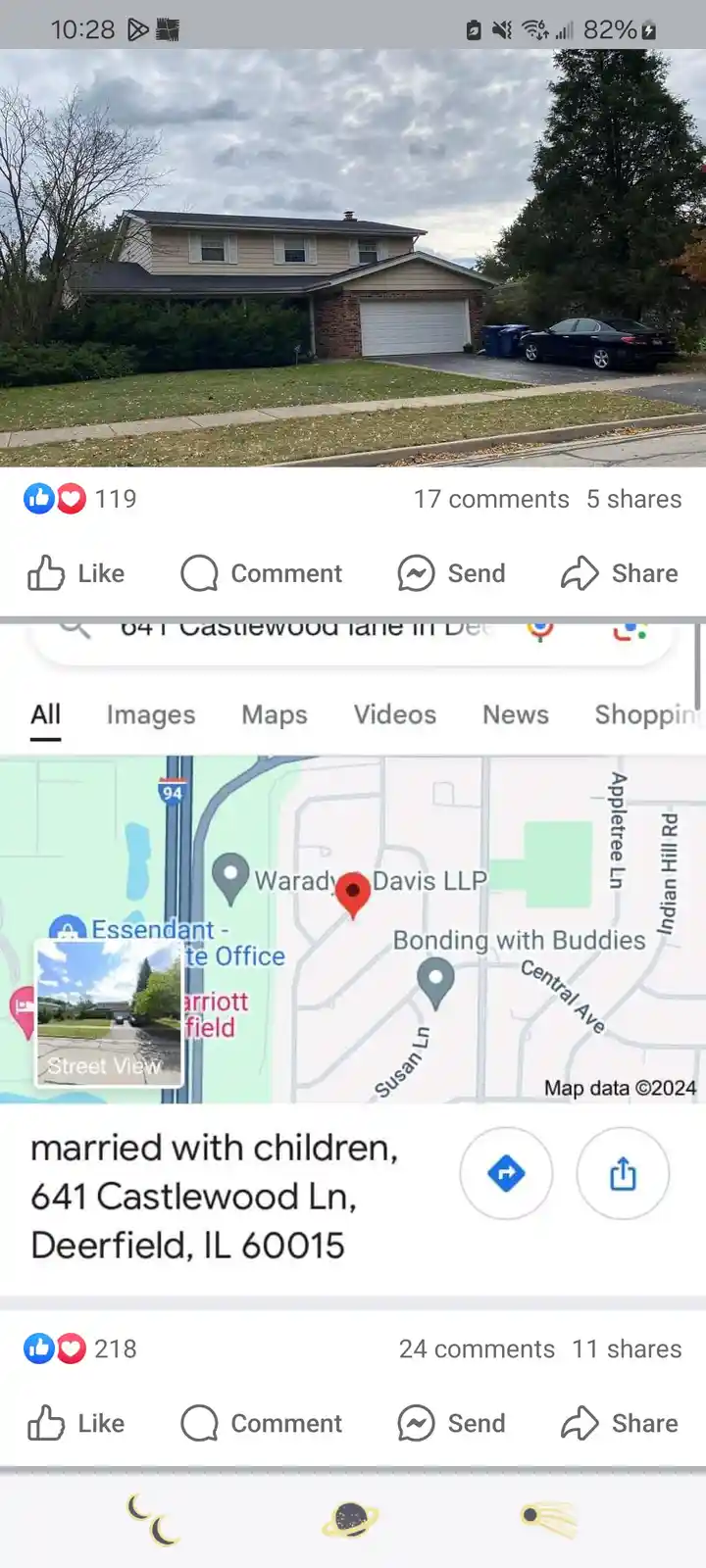 The image shows a screenshot of a social media post featuring a photo of a suburban house with a garage and a parked car…