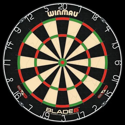 A close-up of a Winmau brand dartboard with a black background, showing the standard scoring segments, red and green outer…