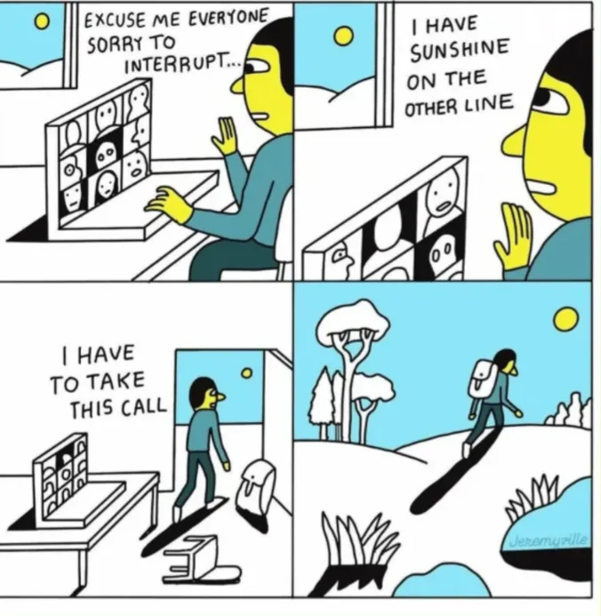 A four-panel comic shows a person on a video call with multiple participants, apologizing for interrupting. They then claim…