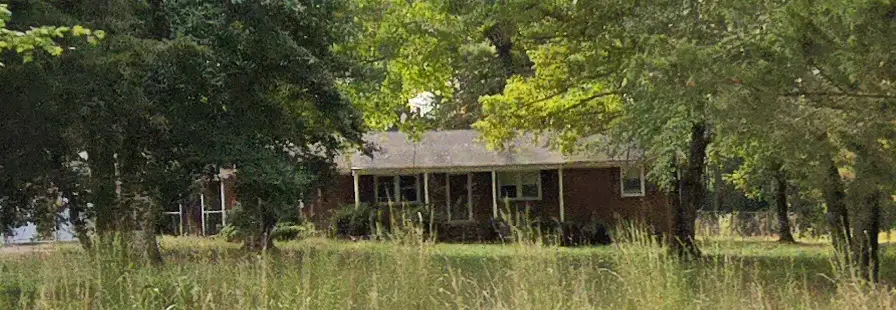 A blurry photo of a modest brick house partially obscured by dense green trees and tall grass in the foreground. The…