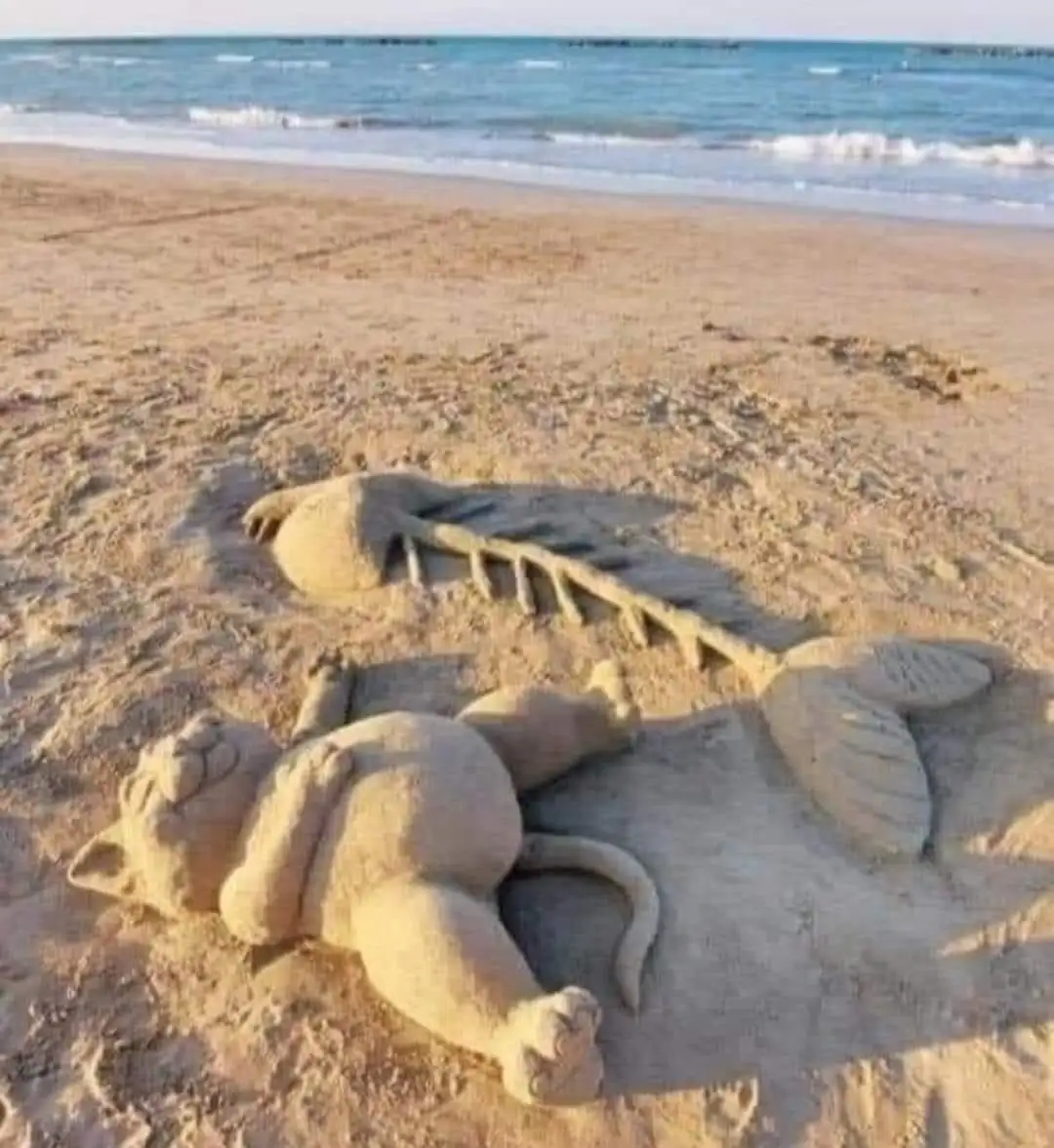 A detailed sand sculpture of a cat lying on its back on a beach, appearing to be sleeping peacefully, with a fish skeleton…
