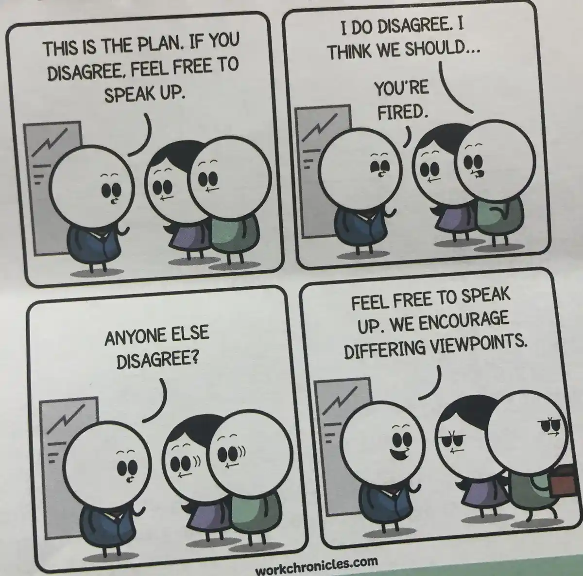 A four-panel comic strip shows a manager presenting a plan and inviting disagreement. When an employee objects, the manager…