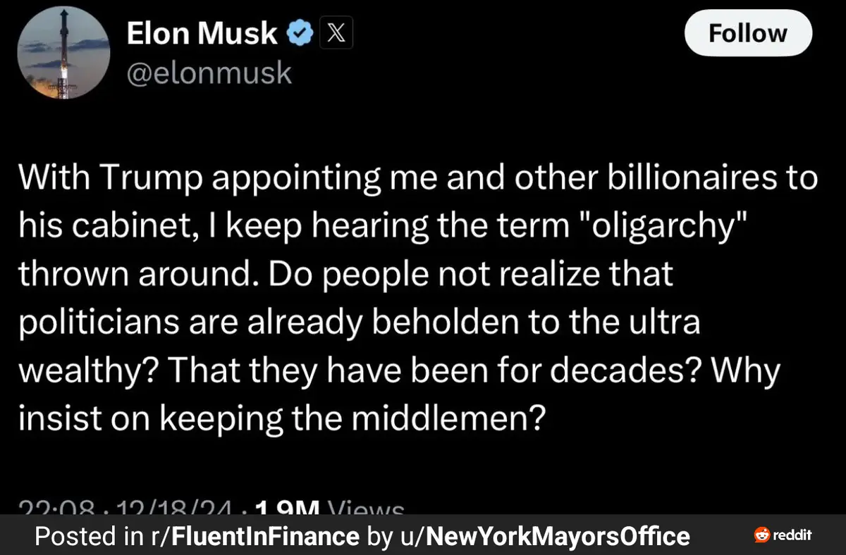 A screenshot of a tweet from Elon Musk's verified X account, showing his text questioning why people call his appointment to…