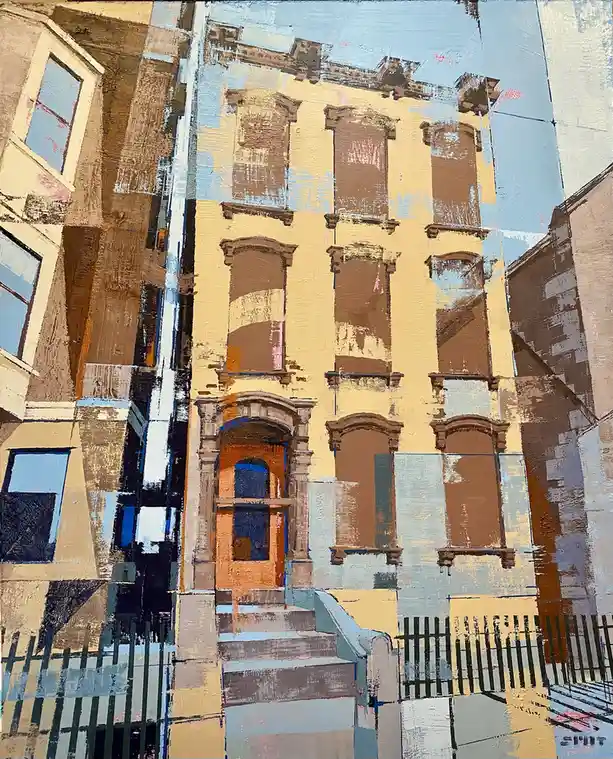 An abstract, textured painting of a multi-story urban building with arched windows and a central entrance, rendered in a…