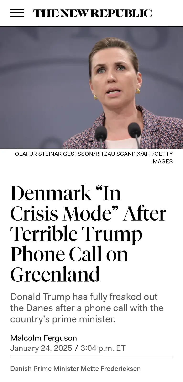 The image shows a screenshot of a fake news article from 'The New Republic' featuring Danish Prime Minister Mette…