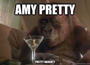 An orangutan sits on a couch holding a martini glass with an olive on a toothpick, looking smug. Large white text at the top…