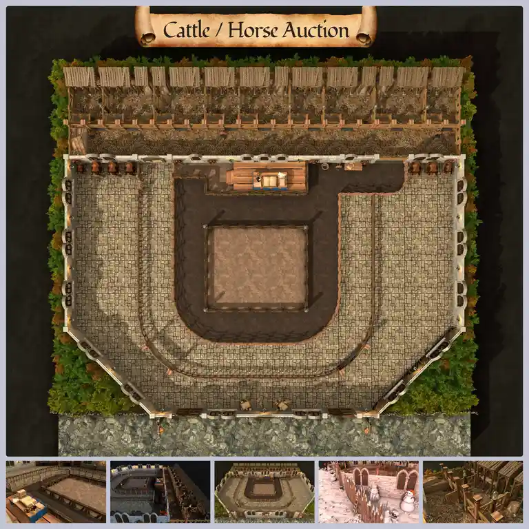 An overhead view of a medieval-style auction house labeled 'Cattle / Horse Auction', featuring a central dirt arena…