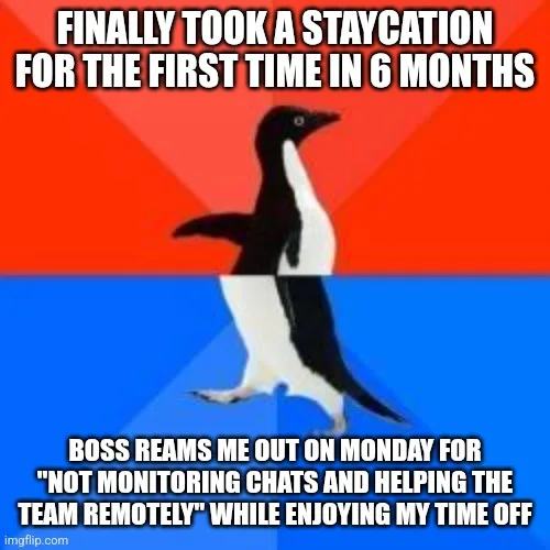 A black-and-white penguin stands against a red-and-blue background, with white text at the top reading 'FINALLY TOOK A…