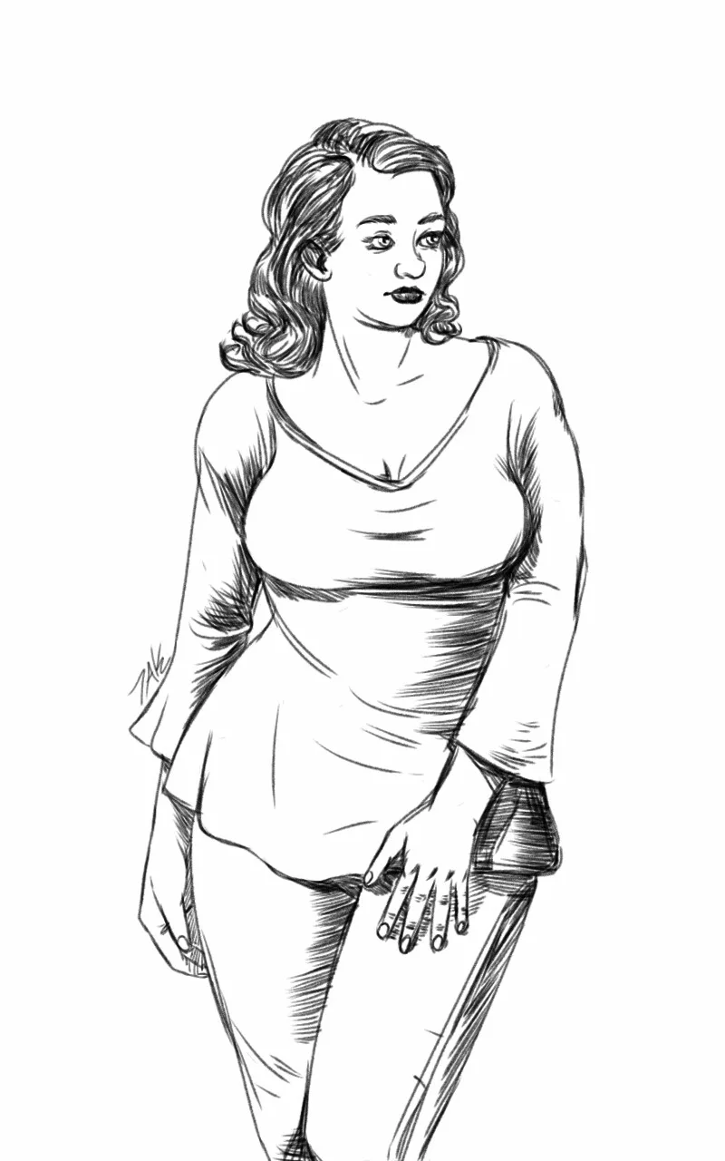 A black-and-white sketch of a woman with wavy hair, wearing a loose-fitting top and pants, standing with one hand on her…