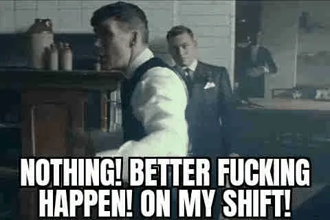 A six-panel meme featuring Tommy Shelby from 'Peaky Blinders' in a pub, repeatedly shouting the same phrase with escalating…