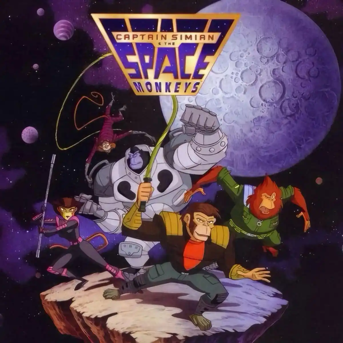A promotional poster for the animated series 'Captain Simian and the Space Monkeys' shows five anthropomorphic monkeys in…
