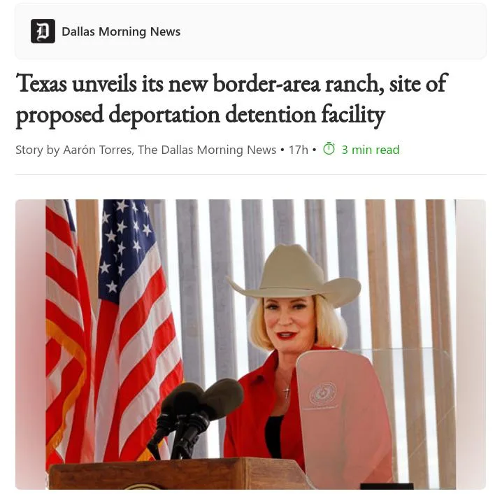 A screenshot of a Dallas Morning News article header showing a woman in a cowboy hat and red jacket standing at a podium…