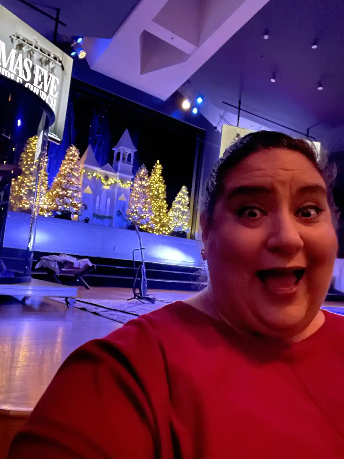 A person in a red shirt takes a selfie with a wide-eyed, open-mouthed expression of exaggerated nervousness or excitement…