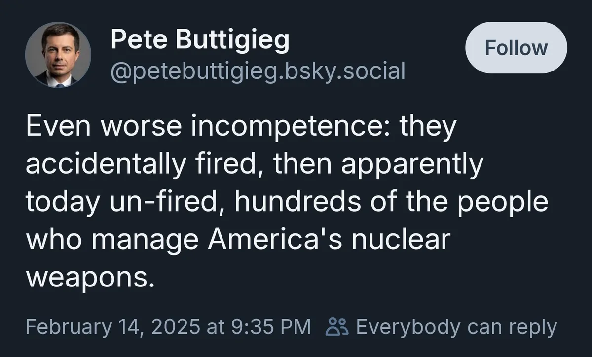 A screenshot of a social media post by Pete Buttigieg, showing his profile picture, handle, and a tweet about nuclear…