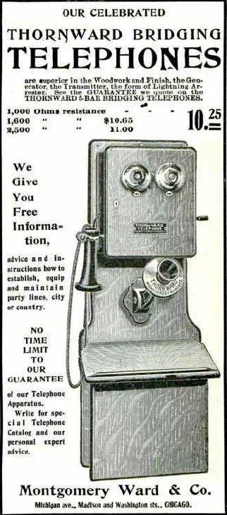 A vintage black-and-white advertisement for Thornward Bridging Telephones, showing a wooden telephone set with two handsets…