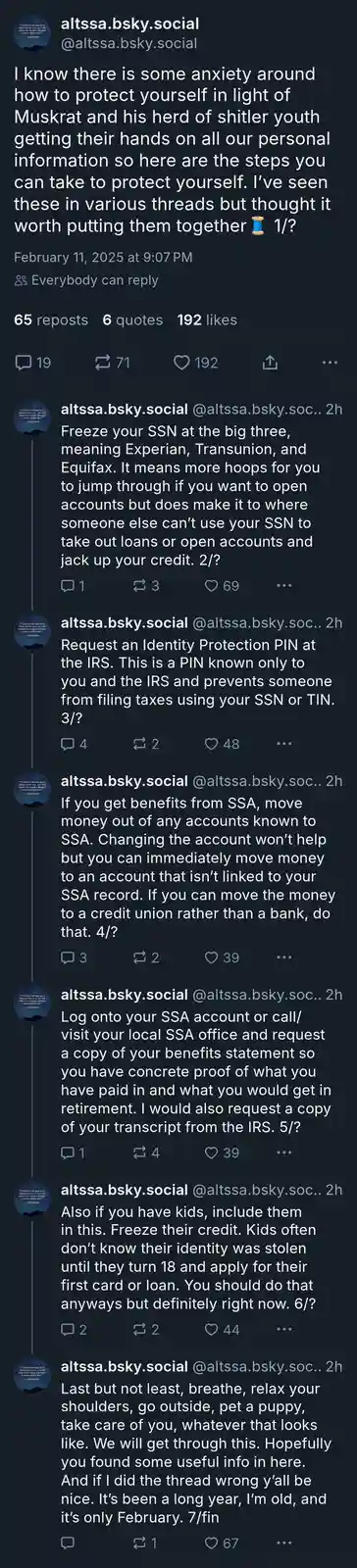 This image displays a seven-part thread on the social media platform Bluesky, where the user @altssa.bsky.social advises…