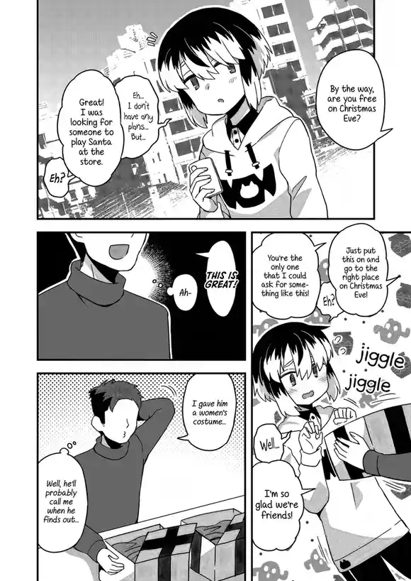 A black-and-white manga panel shows a girl asking a boy if he's free on Christmas Eve to play Santa at a store. He…