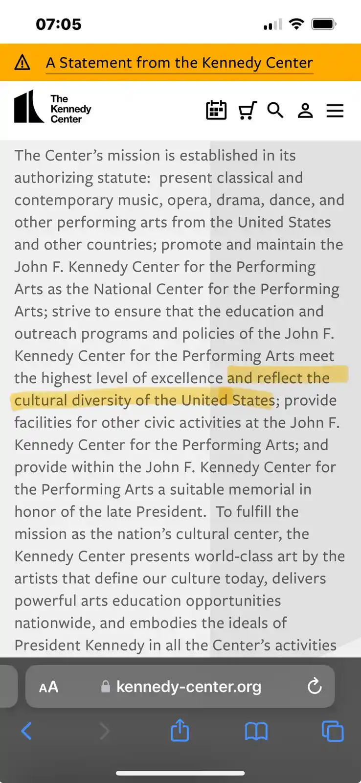 A screenshot of a mobile phone displaying a statement from the Kennedy Center's website, with a specific sentence about…