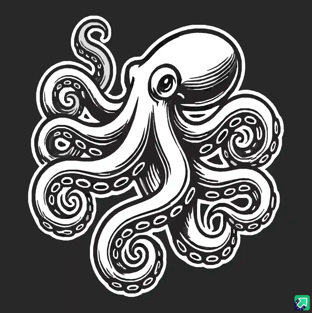 A stylized black-and-white illustration of an octopus with swirling tentacles and detailed suction cups, set against a dark…