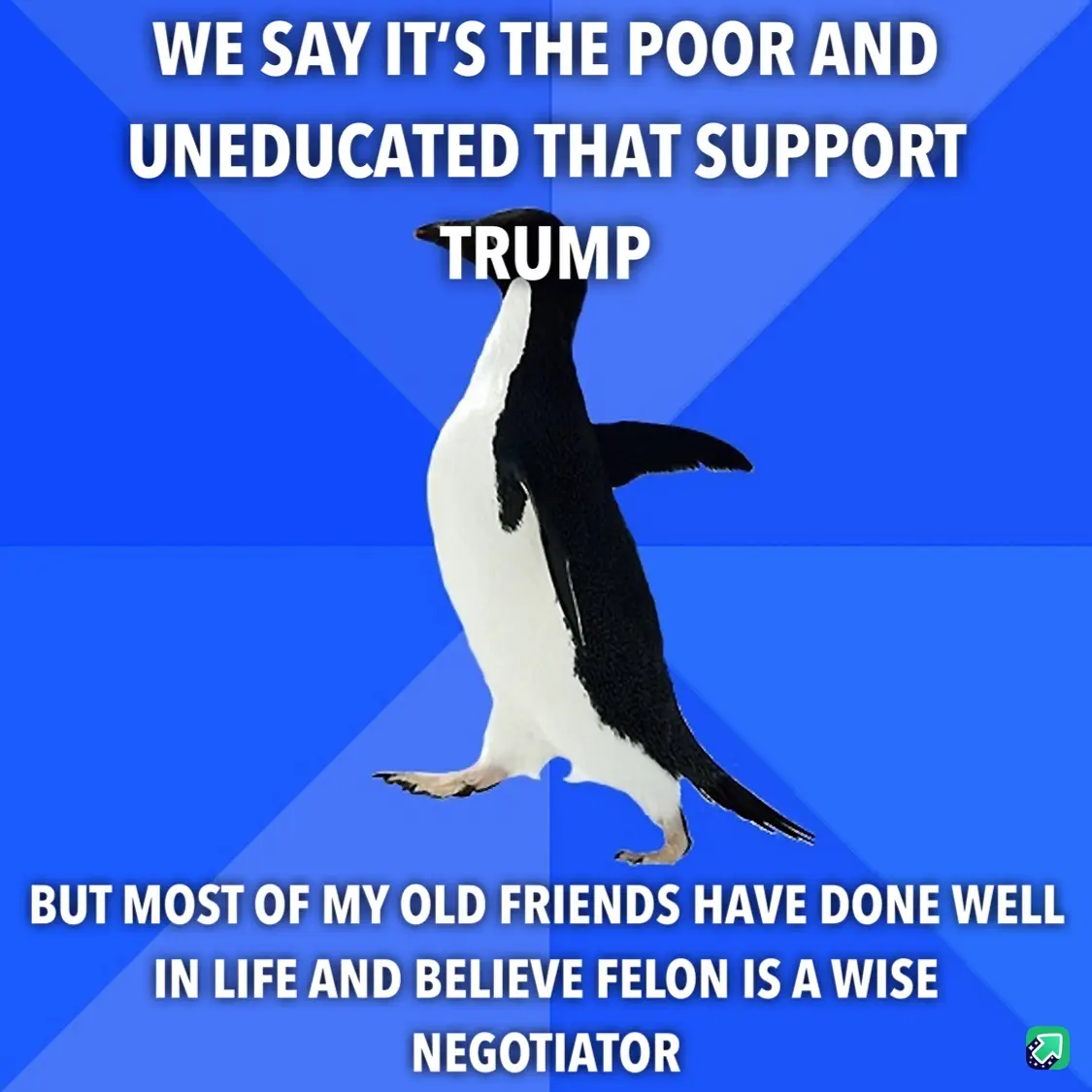 A black-and-white penguin stands against a blue background with diagonal stripes. The text above the penguin reads 'WE SAY…