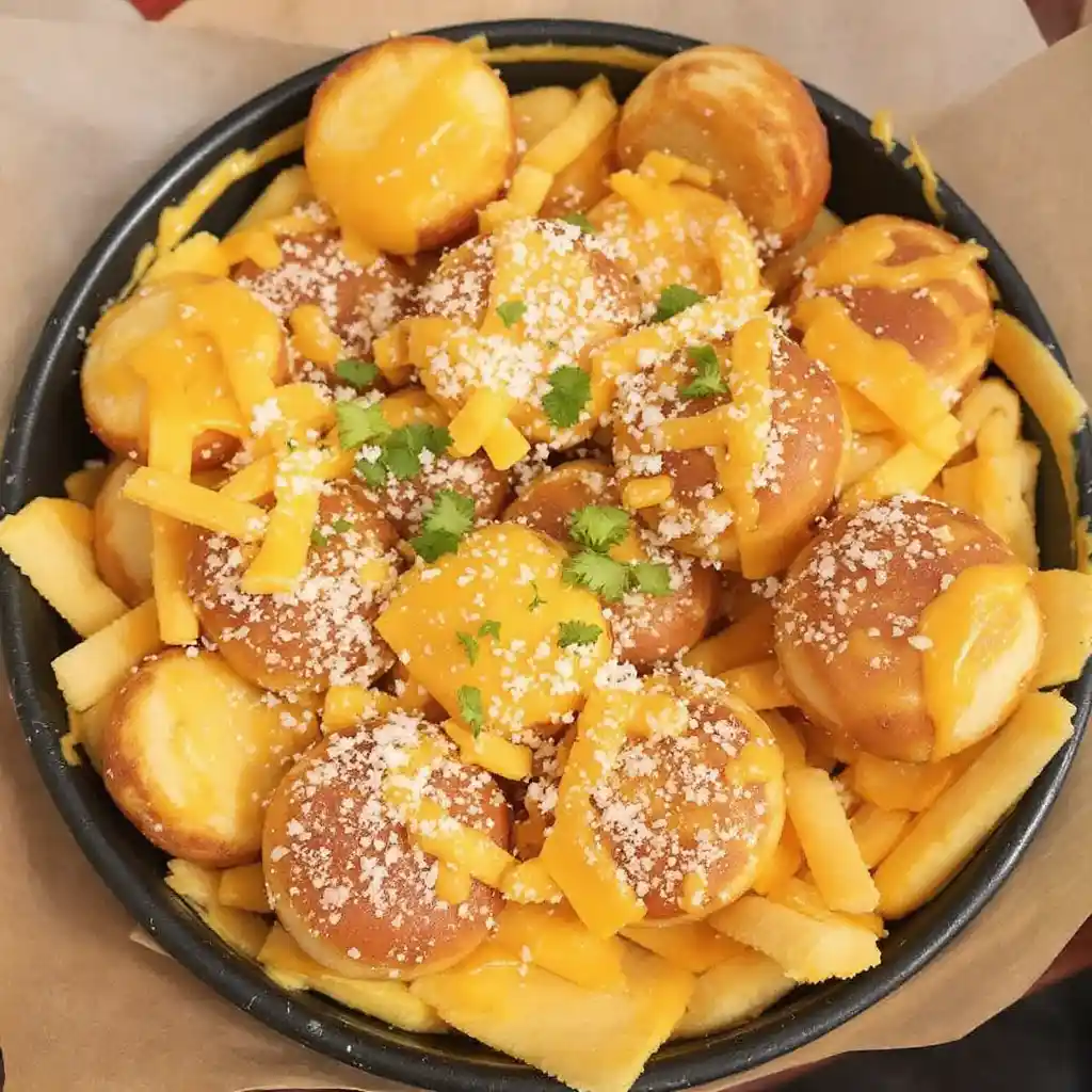 A black bowl filled with golden-brown cheese curds and french fries, generously covered in melted yellow cheese, shredded…