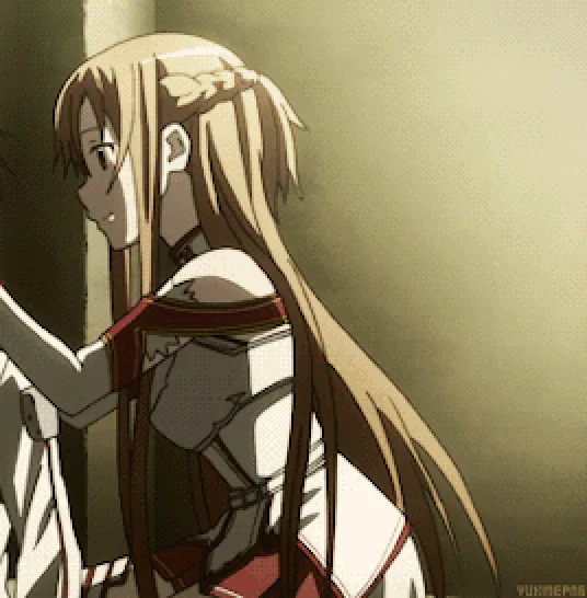 A six-panel anime meme showing a blonde female character in a white and red outfit turning to face a dark-haired male…