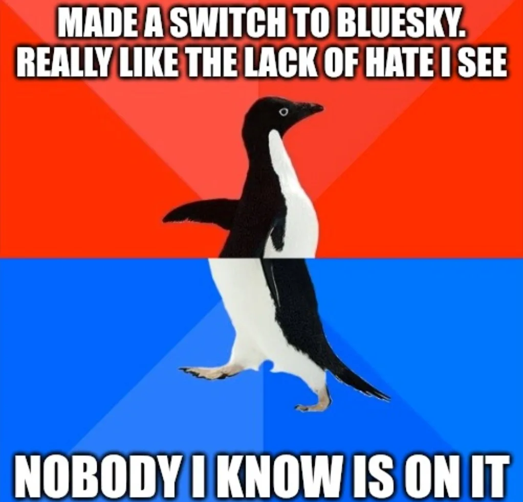 A penguin stands centered against a red and blue background, with bold white text above and below. The top text reads 'MADE…