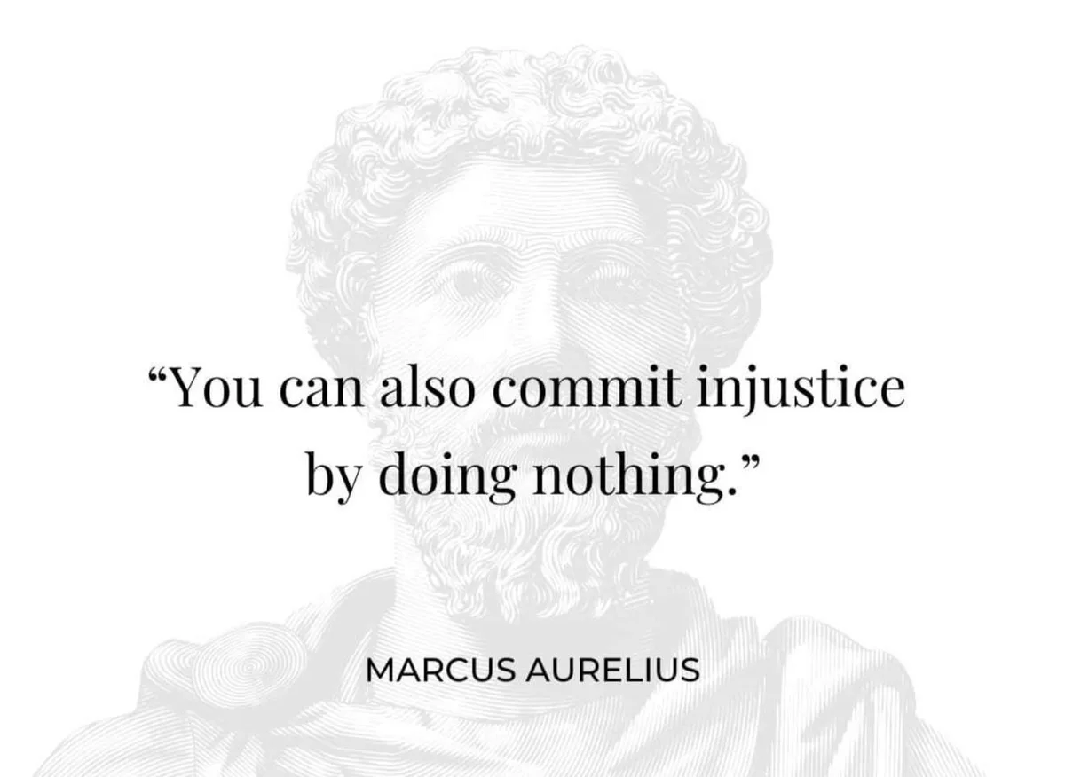 A grayscale line-art illustration of a classical Roman bust, identified as Marcus Aurelius, serves as the background for a…