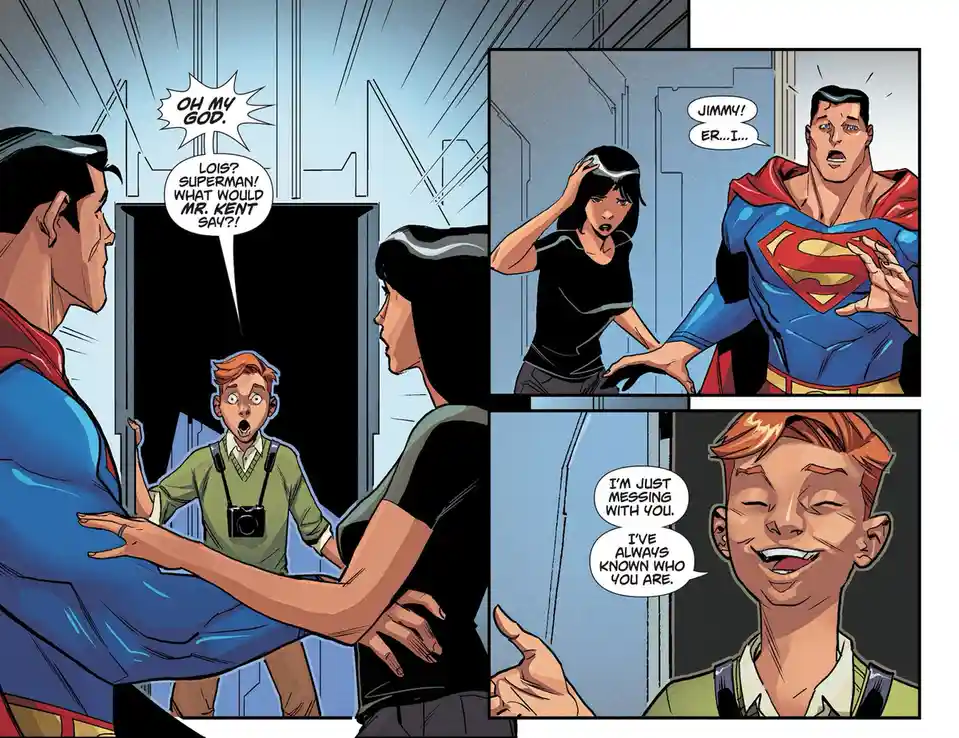 A comic panel shows Superman and Lois Lane reacting with shock as a young man with a camera, Jimmy Olsen, bursts into the…