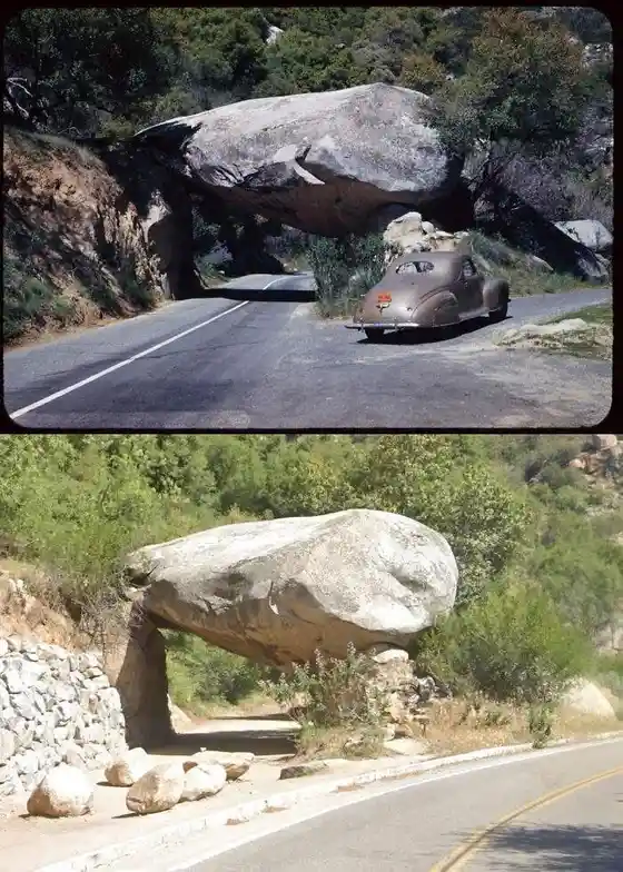 Two photos show a large boulder balanced precariously over a road, with a vintage car parked underneath in the top image and…