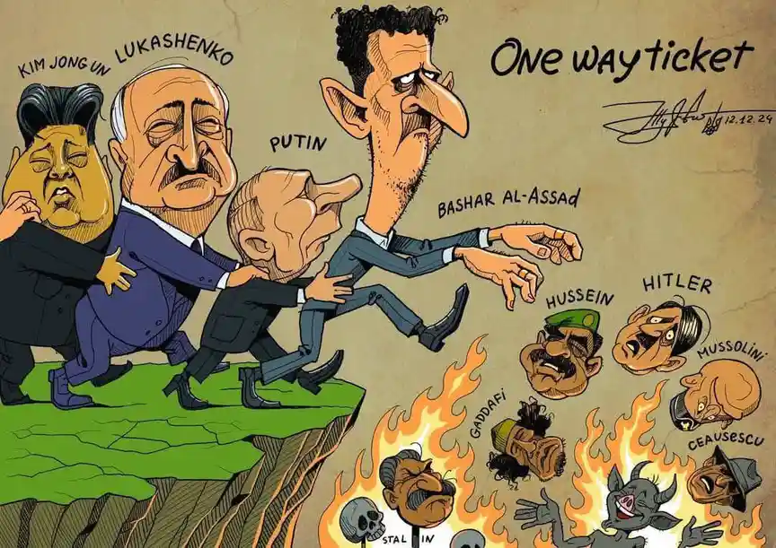 A political cartoon depicts caricatures of Kim Jong Un, Lukashenko, Putin, and Bashar al-Assad walking in a line toward a…