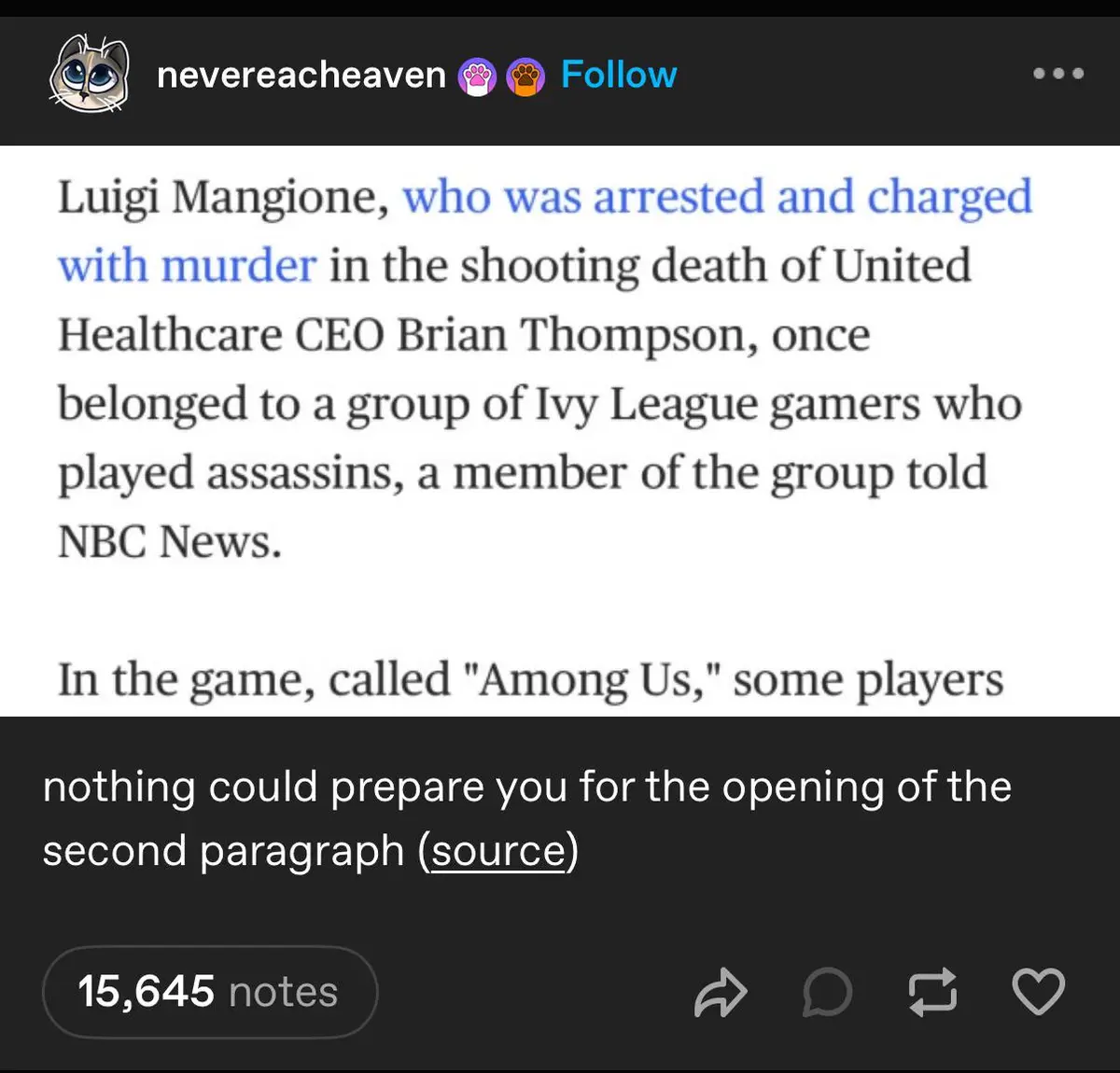 An Instagram post displays a news article snippet about Luigi Mangione, who was arrested and charged with murder in the…