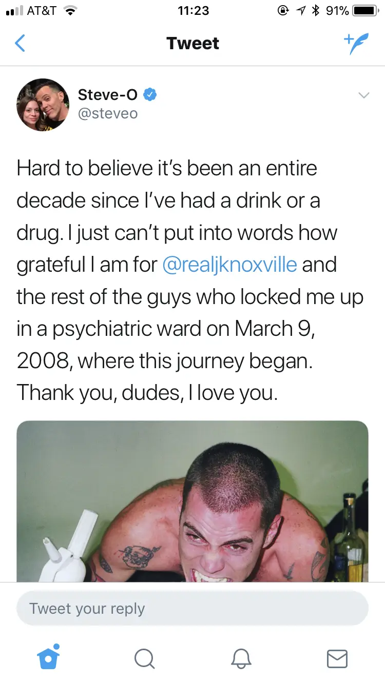 A screenshot of a tweet from Steve-O expressing gratitude for being hospitalized in 2008, which he credits as the start of…