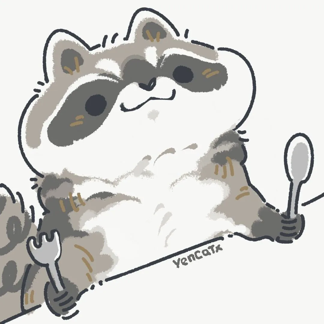 A cartoon raccoon with a smug, sleepy expression is sitting at a table, holding a fork in one paw and a spoon in the other…
