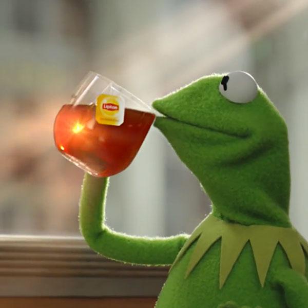 kermit the frog is shown holding a glass of iced tea with a lipton tea bag tag visible, sipping it near a window with…